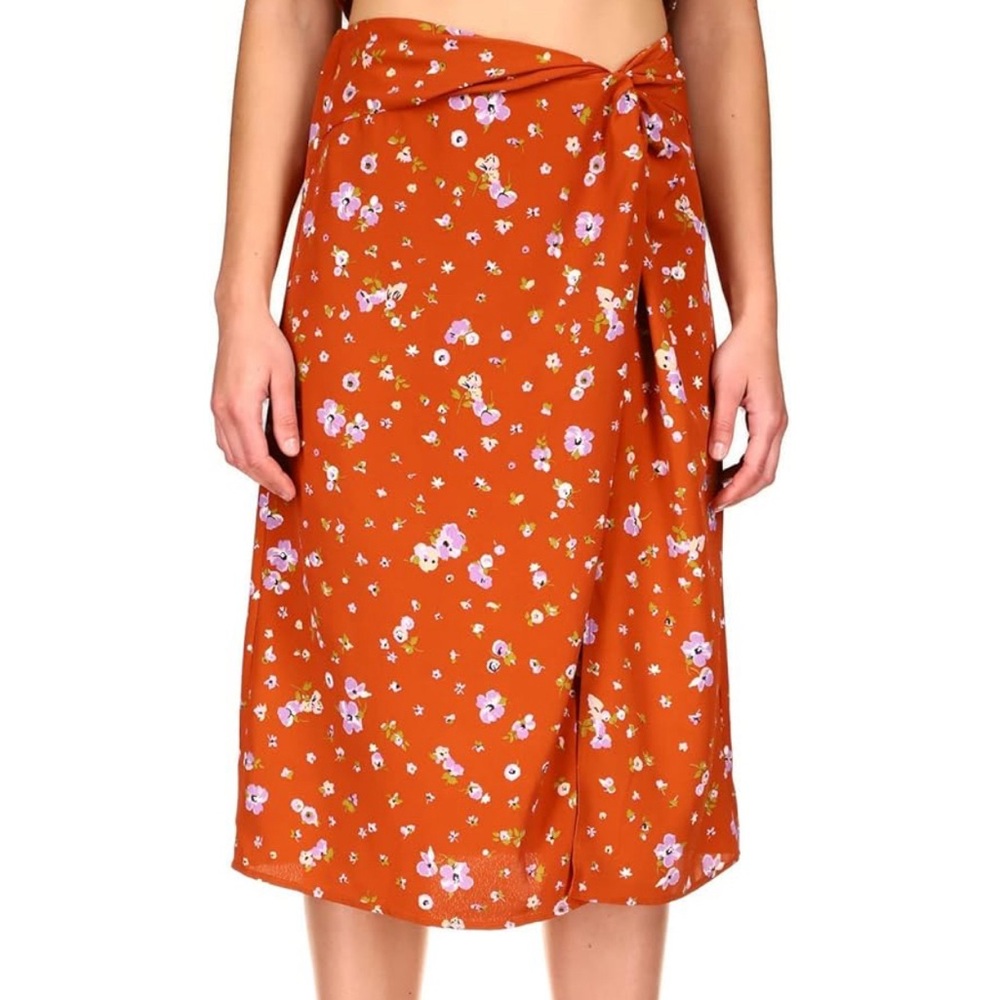 Sanctuary Floral Print Midi Faux-Wrap Skirt Rust Orange Size L, NWT